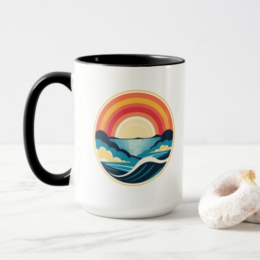 Zen Art Deco Zonsondergang boven water Mok (Met donut)