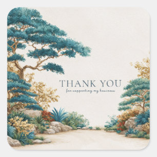 Zen Aziatische Pijnboom Nevelig Blauw Aquarel Goud Vierkante Sticker