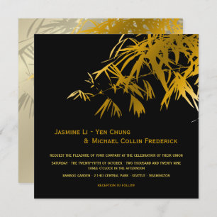 Zen Bamboo Leaves Gold Black Modern Asian Wedding Kaart