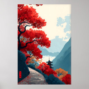 Zen Bergposter Rode Blad Bomen, Minimalistisch Poster