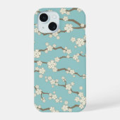 Zen Cream Sakura Kersenbloesem Bloemen op blauw iPhone 15 Hoesje (Achterkant)
