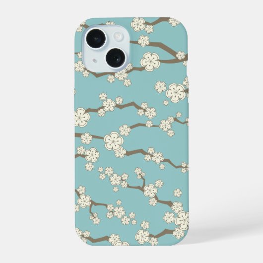 Zen Cream Sakura Kersenbloesem Bloemen op blauw iPhone 15 Hoesje (Achterkant)
