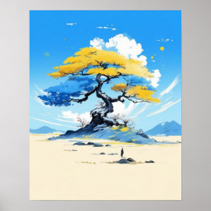 Zen Eenzaamheid: Minimalistische Gouden Boom Poster