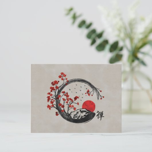 Zen Enso Circle en Sakura Branches Feestdagenkaart (Staand voorkant)