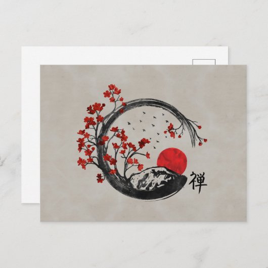 Zen Enso Circle en Sakura Branches Feestdagenkaart (Voorkant / Achterkant)