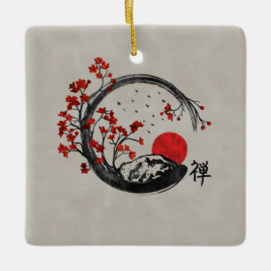 Zen Enso Circle en Sakura Branches Keramisch Ornament