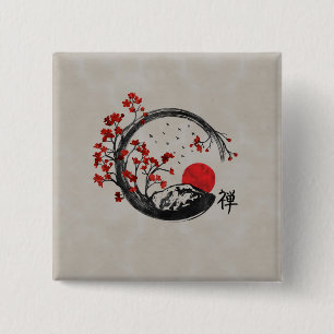 Zen Enso Circle en Sakura Branches Vierkante Button 5,1 Cm