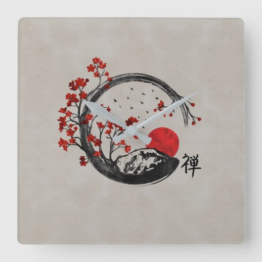 Zen Enso Circle en Sakura Branches Vierkante Klok (Voorkant)