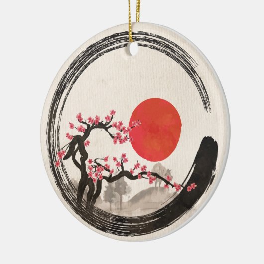 Zen Enso Circle en Sakura Tree Keramisch Ornament (Links)