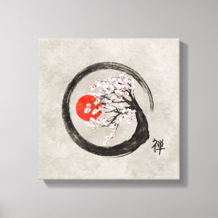 Zen Enso Circle en Sakura Tree op Canvas Afdruk