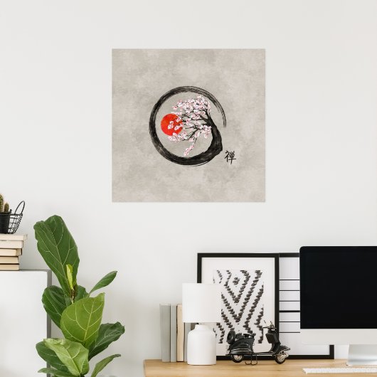 Zen Enso Circle en Sakura Tree op Canvas Poster (Thuiskantoor)