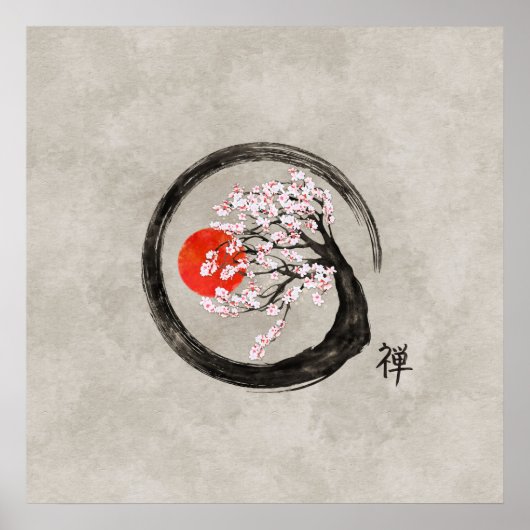 Zen Enso Circle en Sakura Tree op Canvas Poster (Voorkant)