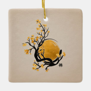 Zen Enso Circle, Golden Sun and Sakura Blossom Keramisch Ornament