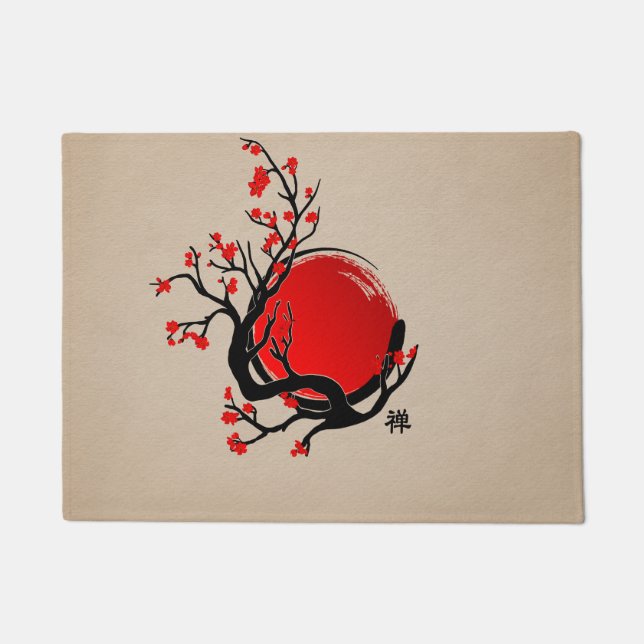 Zen Enso Circle, Sun and Red Sakura Blossom Deurmat (Voorkant)