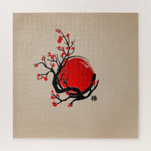 Zen Enso Circle, Sun en Red Sakura Blossom Legpuzzel