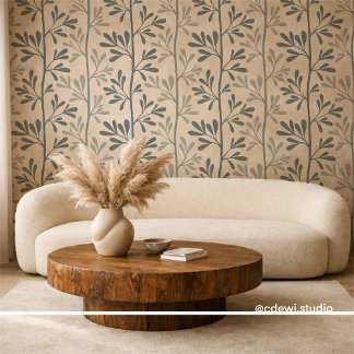 Zen Garden Stems Minimal Dark Green Silhouettes Behang