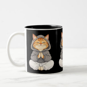 Zen Kat in Hoody – Schattige Mediterende Cartoon K Tweekleurige Koffiemok