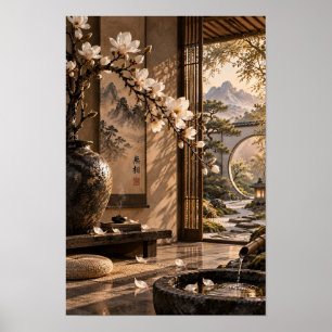 Zen Magnolia Tuin Bergzicht Muurkunst Poster