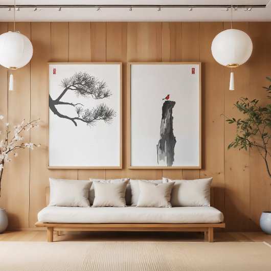 Zen Minimalistische Ink Art Set — Pine & Lone Bird