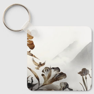 Zen Mistige Berg Vogels Minimalistische Natuur Sleutelhanger