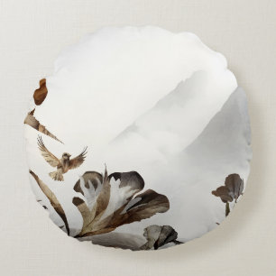 Zen Misty Berg Vogels Minimalistisch Natuur Rond Kussen