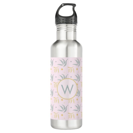 Zen Pastel Pink Botanical Pattern Monogram Waterfles (Voorkant)