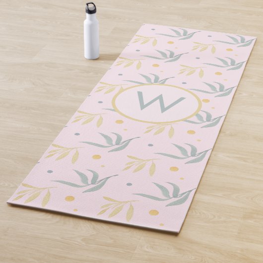 Zen Pastel Pink Botanical Pattern Monogram Yogamat (In situ)