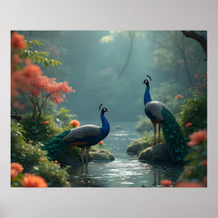 zen tuin met pauwen poster