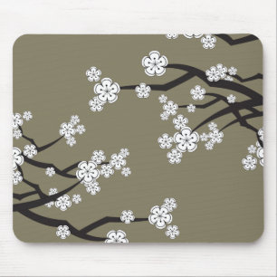 Zen White Sakura Cherry Blossom Flowers on Grey Muismat