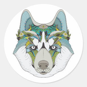 Zenart patroon Husky hond Blauw Husky gezicht Ronde Sticker