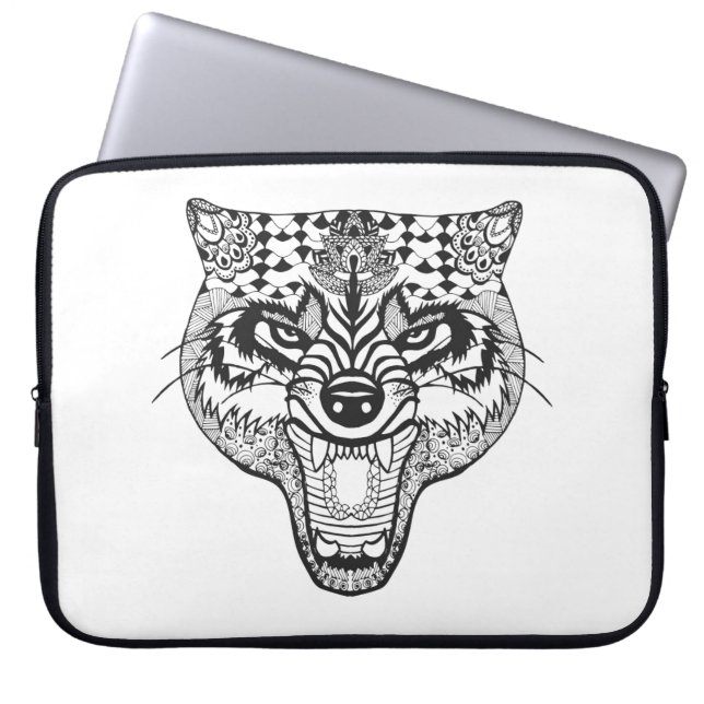 Zentangle Geïnspireerde Wolf Laptop Sleeve (Voorkant)