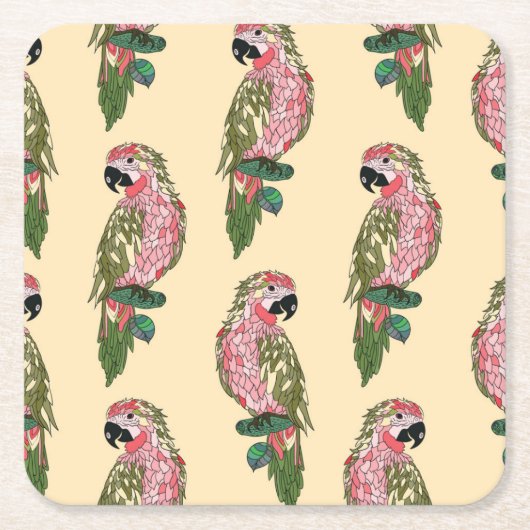 Zentangle Style Parrots 2 Vierkante Kartonnen Onderzetter (Voorkant)