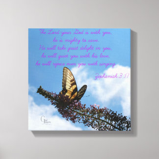 Zephaniah 3:17 Gele vlinder Canvas Afdruk