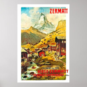 Zermat, bergtop, Zwitserland, zomer-vintage Poster
