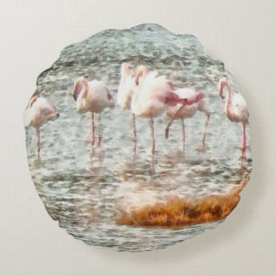 Zes Flamingos A Wading Waterverf Rond Kussen