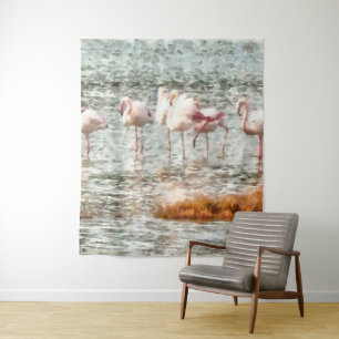 Zes Flamingos A Wading Waterverf Wandkleed
