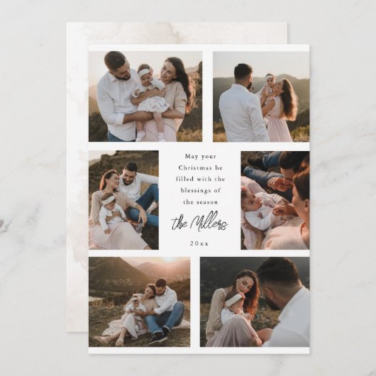 Zes foto Modern Script Flat Holiday Kaart (Voorkant / Achterkant)