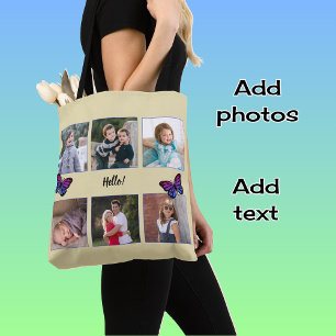 Zes foto's aangepaste tekst vlinders beige draagtas