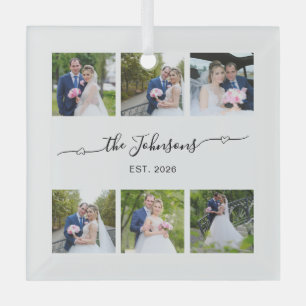 Zes Huwelijksfoto Hart Swash Handtekening Glas Ornament