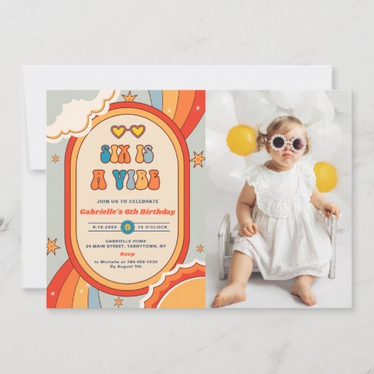 Zes is een Vibe Groovy Retro Rainbow 6e verjaardag Kaart (Voorkant)