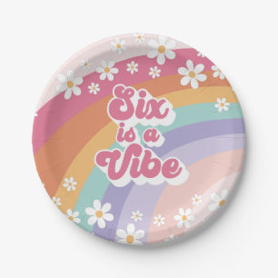 Zes is een Vibe Retro Regenboog 6e Verjaardag Papieren Bordje