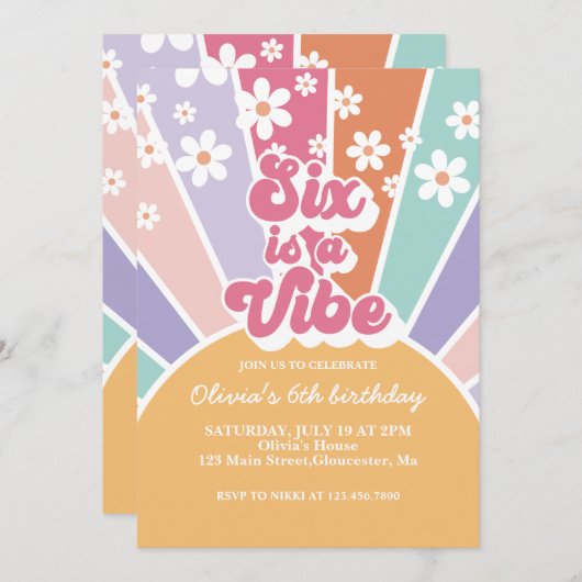 Zes is een Vibe Retro Sunshine Rainbow Daisy Kaart (Voorkant / Achterkant)