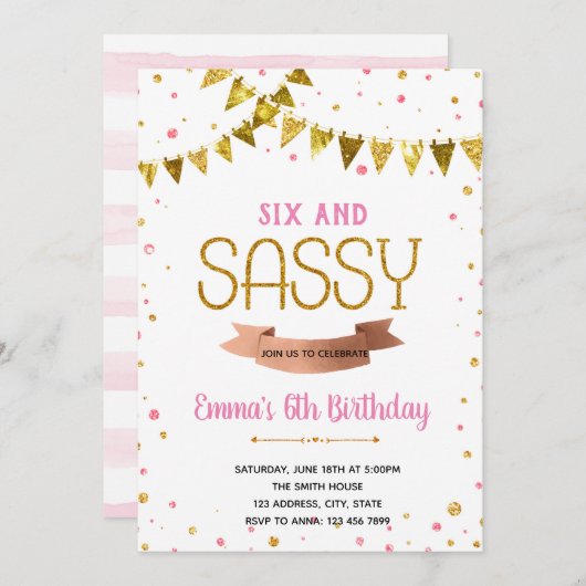 Zes jaar en sassy verjaardagsthema kaart (Voorkant / Achterkant)