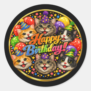 Zes katten die je met vreugde een gelukkige verjaa ronde sticker