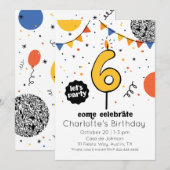 Zesde verjaardag kaars Doodle uitnodiging (Voorkant / Achterkant)