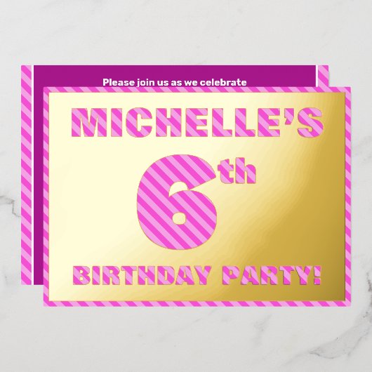 Zesde verjaardag van de partij — Vet, vun, roze ba Folie Uitnodiging (Voorkant / Achterkant)