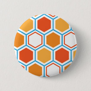 Zeshoek in oranje, blauw en wit ronde button 5,7 cm