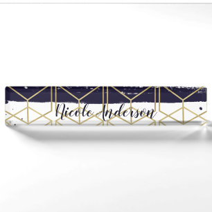 Zeshoek modern marineblauw gouden geometrische gla naambordje