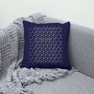 Zeshoekig monogram patroon donkerblauwe gek-initia kussen
