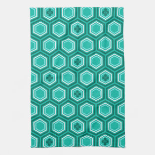 Zeshoekige Kimono Print, Turkoois, Aqua en Wit Theedoek